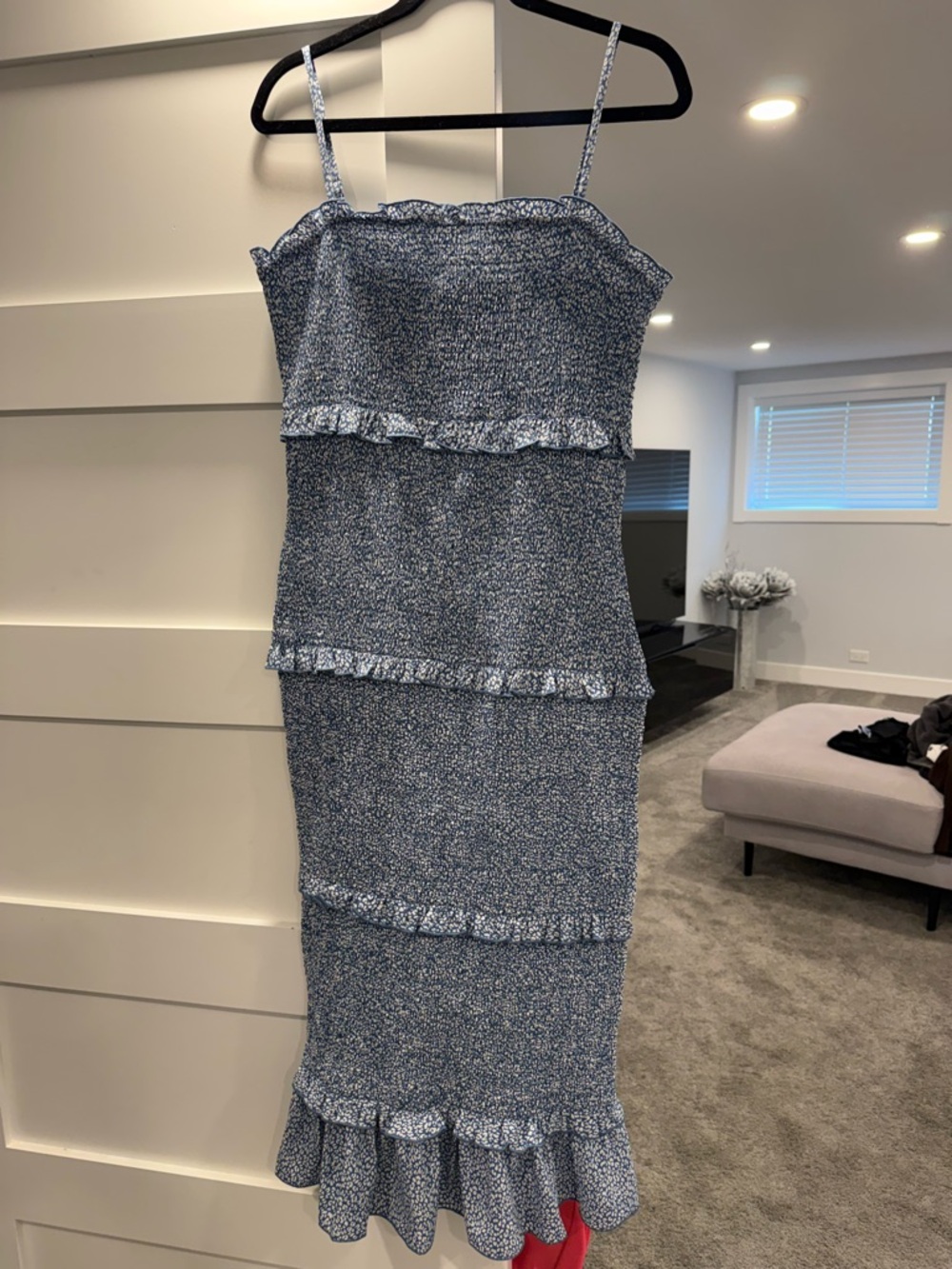Blue Floral Ruffle Tiered Midi Dress